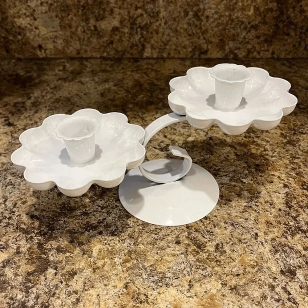 Vintage White Metal Double Candlestick Holder Tiered Flower Shaped